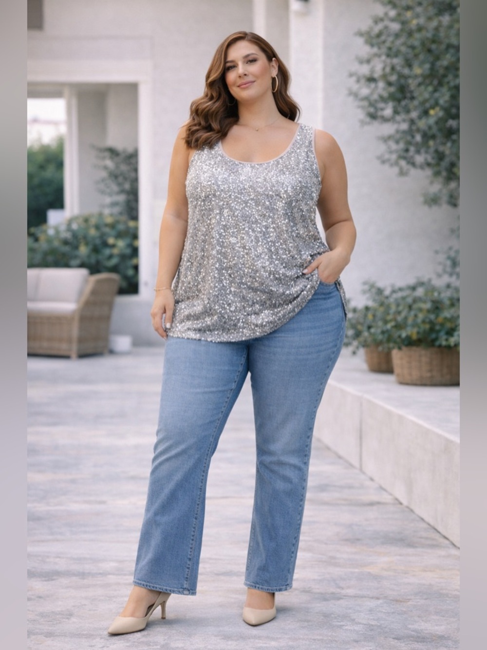 INC International Concepts Sequin Tank Top Plus Size Glam Party Shine